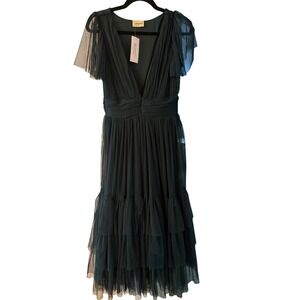 Lace & Beads Maddison Midi Dress Emerald Green Tulle Ruffle V Neck Size 8